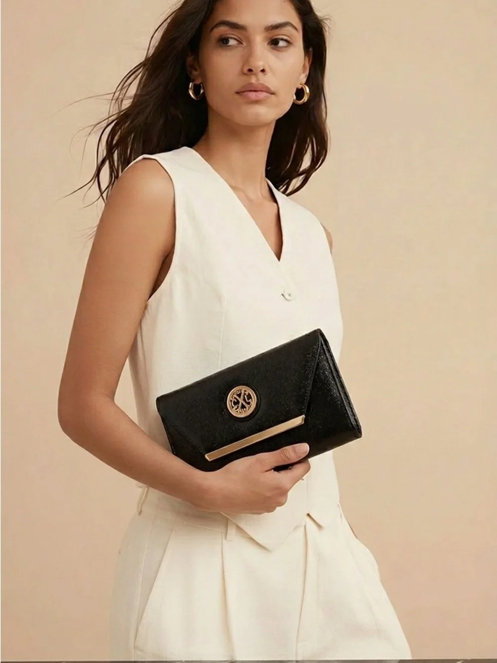 NWT CLX Christian Lacroix Glam Caviar Clutch Black Gold Chain Crossbody